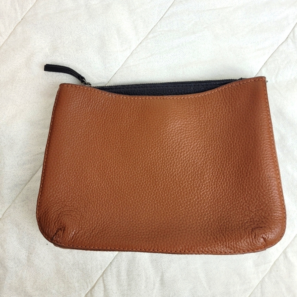 Two Toned Brown Black Small Pebbled Leather Clutch 3 Compartments 10 x 8 Classic